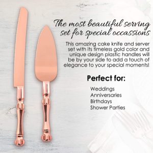 Homi Styles Wedding Cake Knife and Server Set | Rose Gold Color Premium 420 Stainless Steel Gold Plated Blades | Cake Cutting Set for Wedding Cake, Birthdays, Anniversaries, Parties