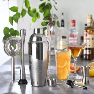 Etens Basic Cocktail Shaker Set, 9pc Mixology Bartender Kit Bar Set for Drink Mixing, Bartending Tools Gifts: Stainless Steel Martini Shaker, Muddler, Strainer, Jigger, Pourer, Mixer Spoon, Recipe
