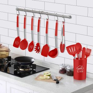 Silicone Cooking Utensil Set,Kitchen Utensils 26 Pcs Cooking Utensils Set,Non-stick Heat Resistant Silicone,Cookware with Stainless Steel Handle – Red
