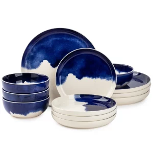 Dinnerware BLUE Drip Stoneware, 12 Piece Set