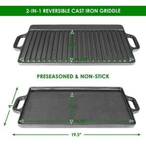 Mibote 2-in-1 Reversible 19.5” x 9” Cast Iron Griddle with Handles, Preseasoned & Non-Stick for Gas Stovetop, Oven, and Open Fire