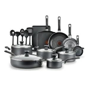 T-fal 20-Piece Nonstick Cookware Set – Easy Care Aluminum Pots & Pans, Stylish Grey