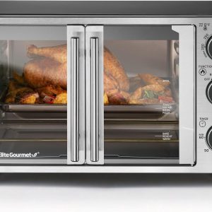 Elite Gourmet ETO2530M Double French Door Countertop Toaster Oven, Bake, Broil, Toast, Keep Warm, Fits 12″ pizza, 25L capacity, Stainless Steel & Black